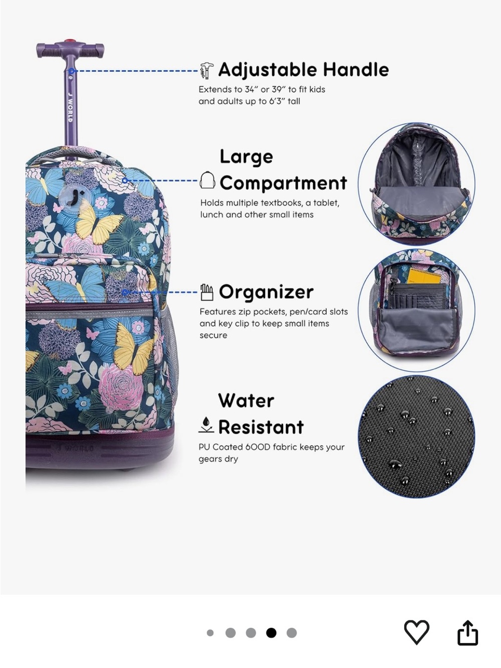 Rolling Backpack with Butterfly Floral Print - Purple Accents - Picture 4 of 6